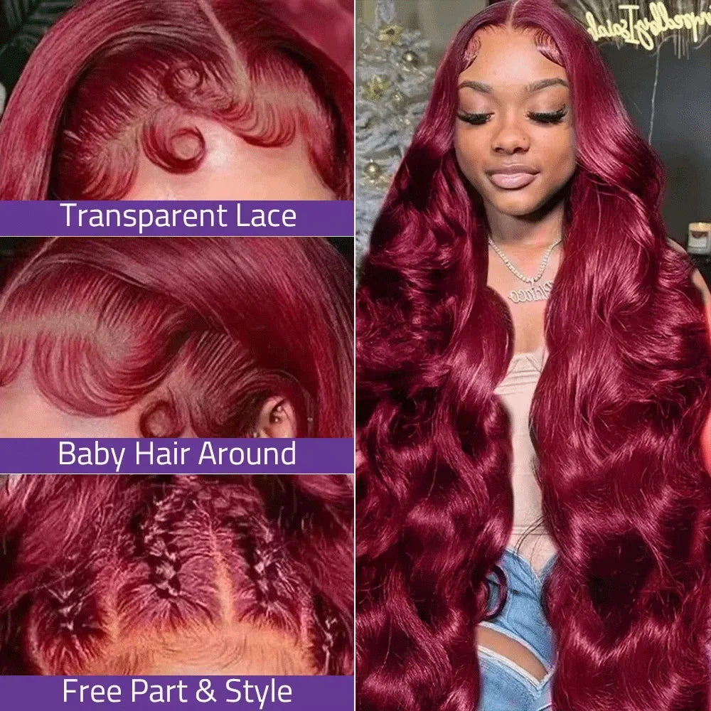 99j Burgundy Body Wave 13x4 Hd Lace Front Human Hair 13x6 HD Transparent Lace Frontal Wigs Colored Red Wig for Black Women
